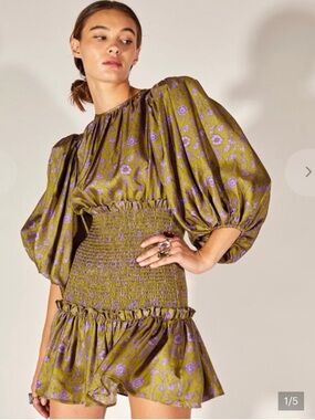 Cynthia Rowley Olive Green and Lavender Floral Long Sleeve Mini Dress